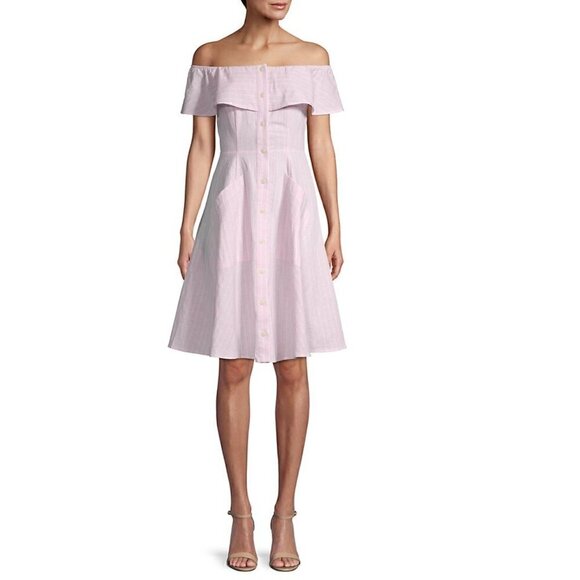 Saks Fifth Avenue Dress 10 NWT Button-Front Striped Linen & Cotton-Blend Pink - Picture 1 of 10